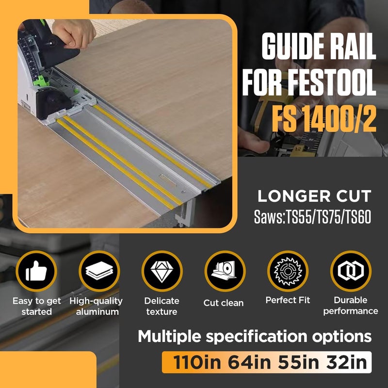 Angchun 55" سكة دليل منشار المسار متوافقة مع Festool TS-55/TS-75، سكة دليل 55" FS-1400/1 (1400 مم) تشمل 1 قطعة سكة دليل منشار ألمنيوم 55" لقص الخشب الطويل - Image 4